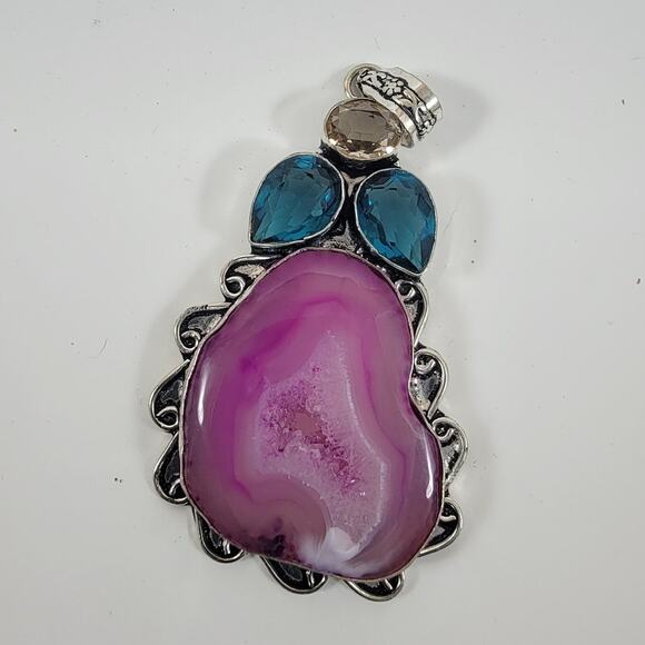 Handmade Silver Pendant with Pink Agate Druzy and Blue Topaz - Picture 2 of 10